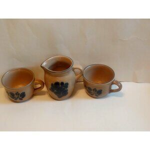 Pfaltzgraff Folk Art 2 Coffee Cups & Creamer Pitcher - Stoneware, Pottery